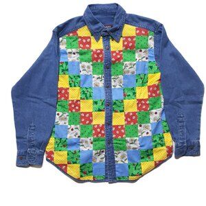 Top Class Club M Blue Button-Up Women Long-Sleeve Floral 100% Cotton